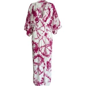 S/W/F Boutique Pink Tie Dye Maxi Dress Kimono Sleeve V-Neck Rayon XS Boho Summer
